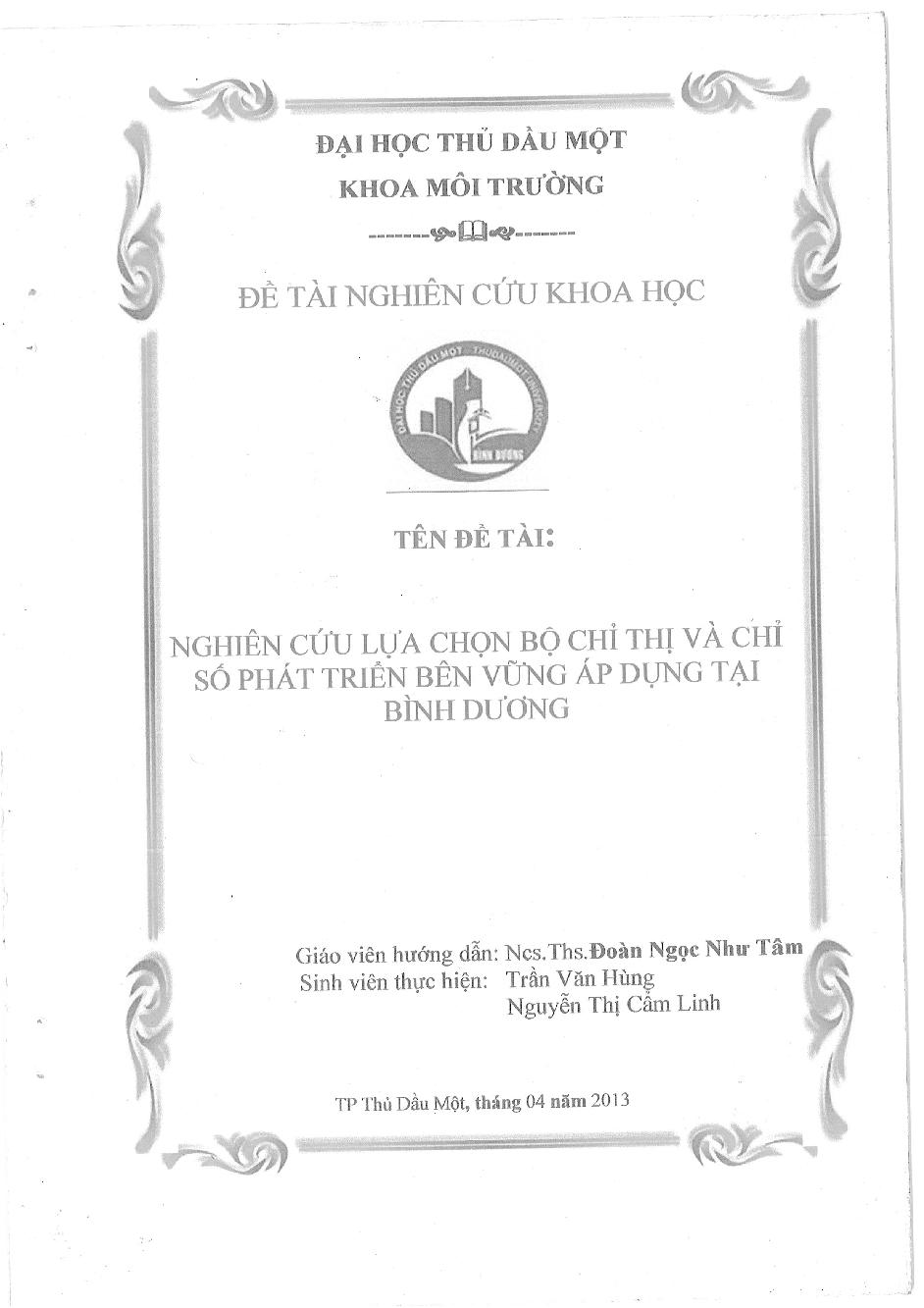 Nghiên cứu lựa chọn bộ chỉ thị và chỉ số phát triển bền vững tại Bình Dương