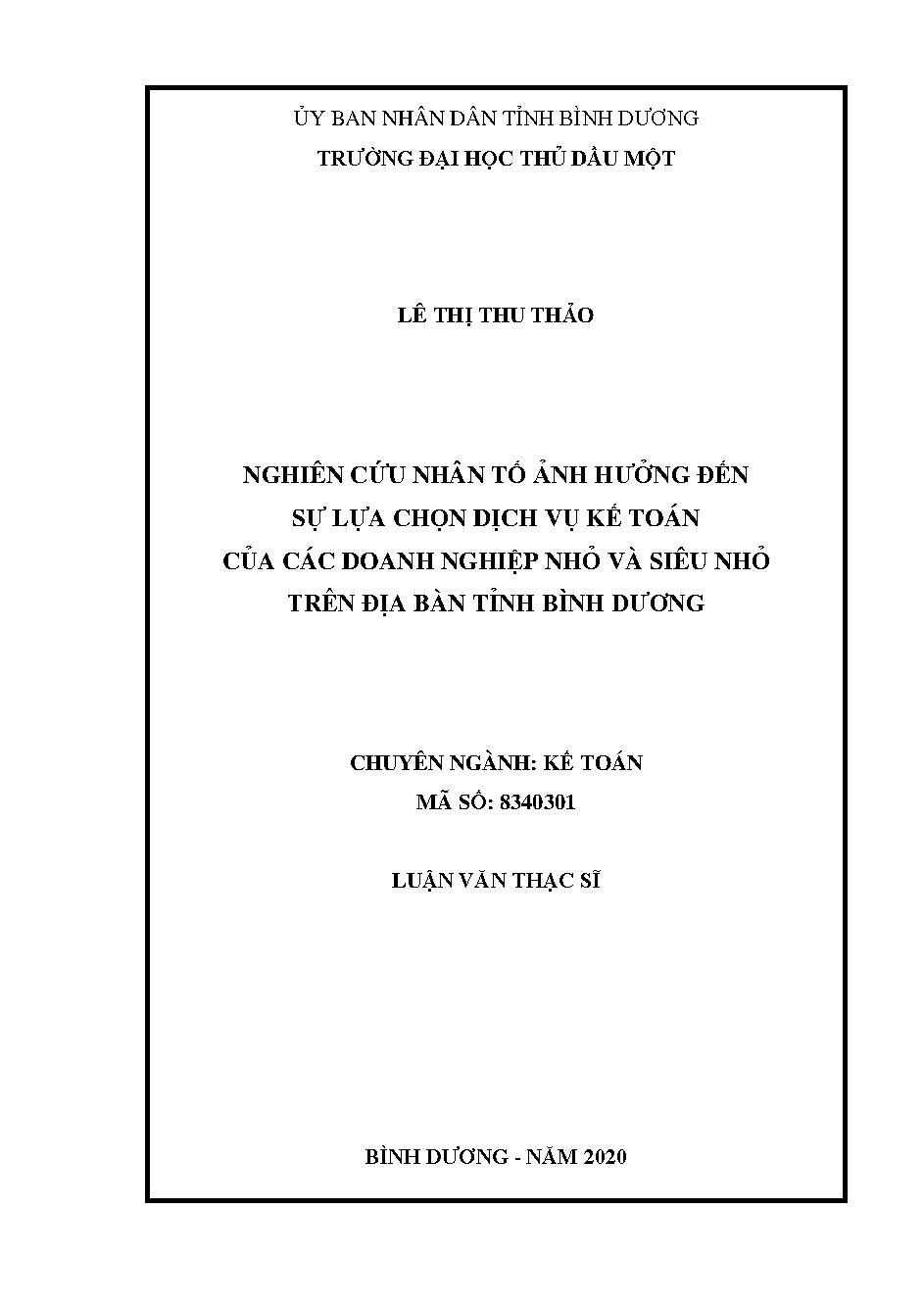 Nghiên cứu nhân tố ảnh hưởng đến sự lựa chọn dịch vụ kế toán của các doanh nghiệp nhỏ và siêu nhỏ trên địa bàn tỉnh Bình Dương