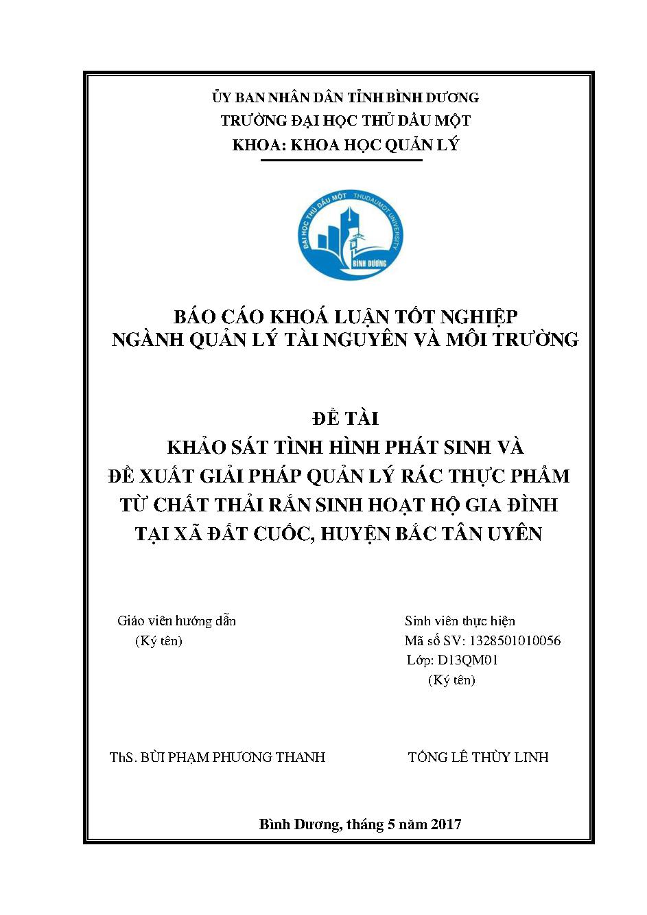 Khảo sát tình hình phát sinh và đề xuất giải pháp quản lý rác thực phẩm từ chất thải rắn sinh hoạt hộ gia đình tại xã Đất Cuốc, huyện Bắc Tân Uyên, tỉnh Bình Dương