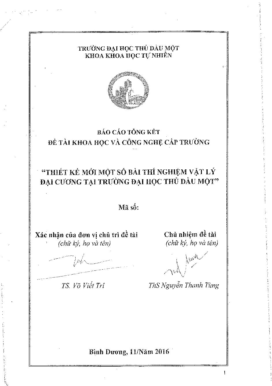 Thiết kế mới một số bài thí nghiệm Vật Lý đại cương tại trường Đại học Thủ Dầu Một