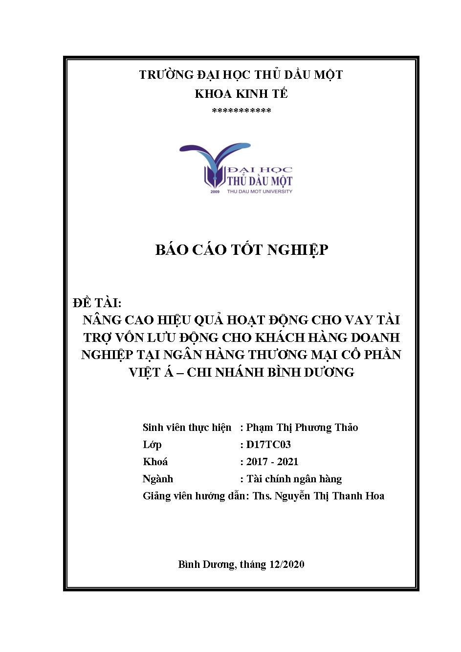 Nâng cao hiệu quả hoạt động cho vay tài trợ vốn lưu động cho khách hàng doanh nghiệp tại ngân hàng TMCP Việt Á – Chi nhánh Bình Dương