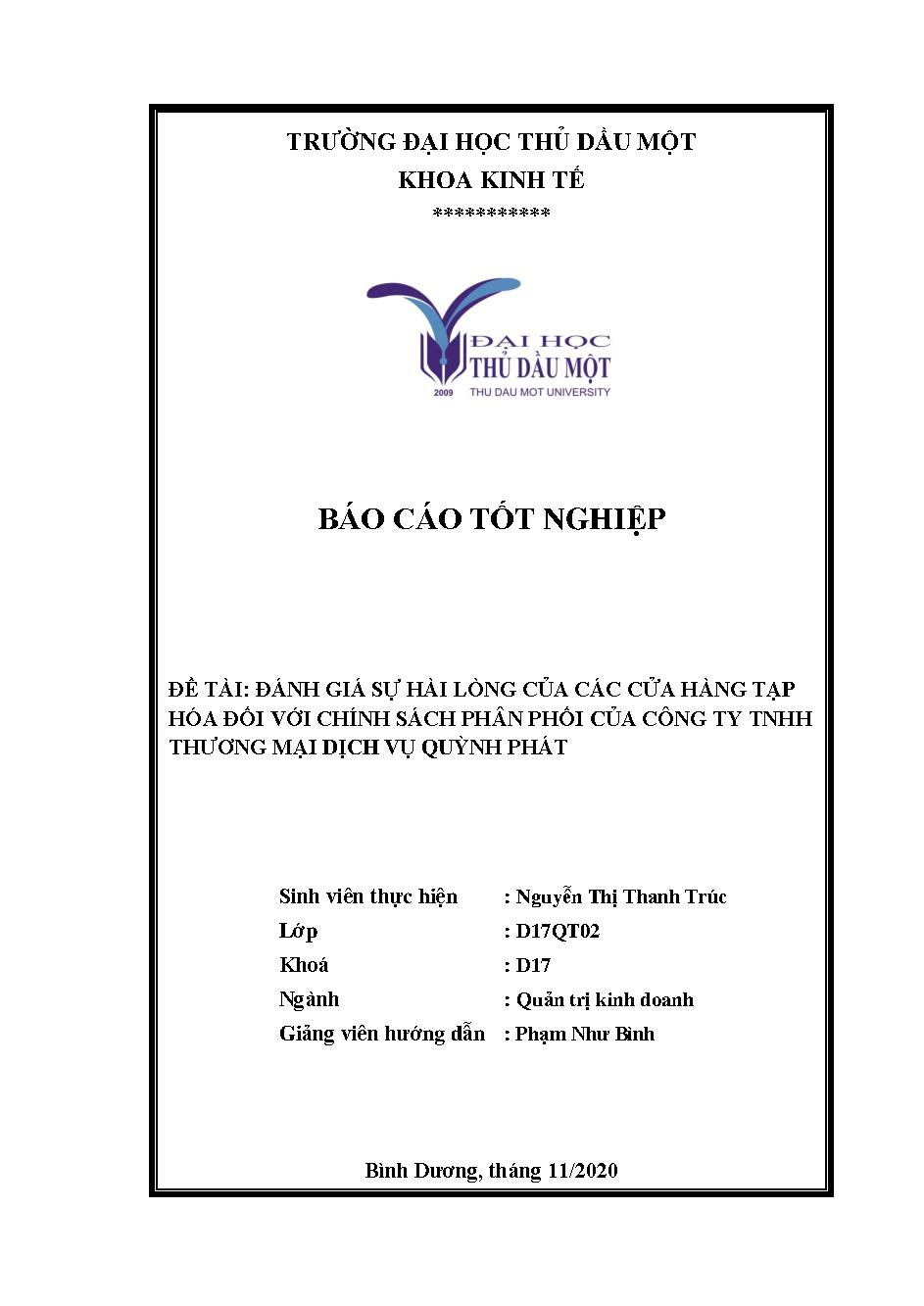 Đánh giá sự hài lòng của các cửa hàng tạp hóa đối với chính sách phân phối của Công ty TNHH Thương mại dịch vụ Quỳnh Phát