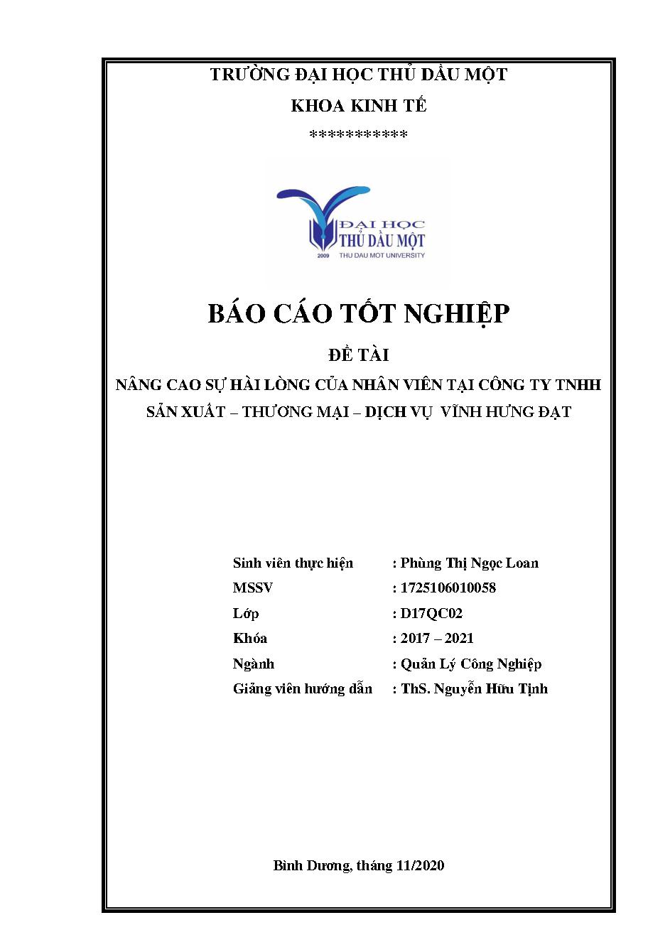 Nâng cao sự hài lòng của nhân viên tại công ty TNHH sản xuất - thương mại - dịch vụ Vĩnh Hưng Đạt