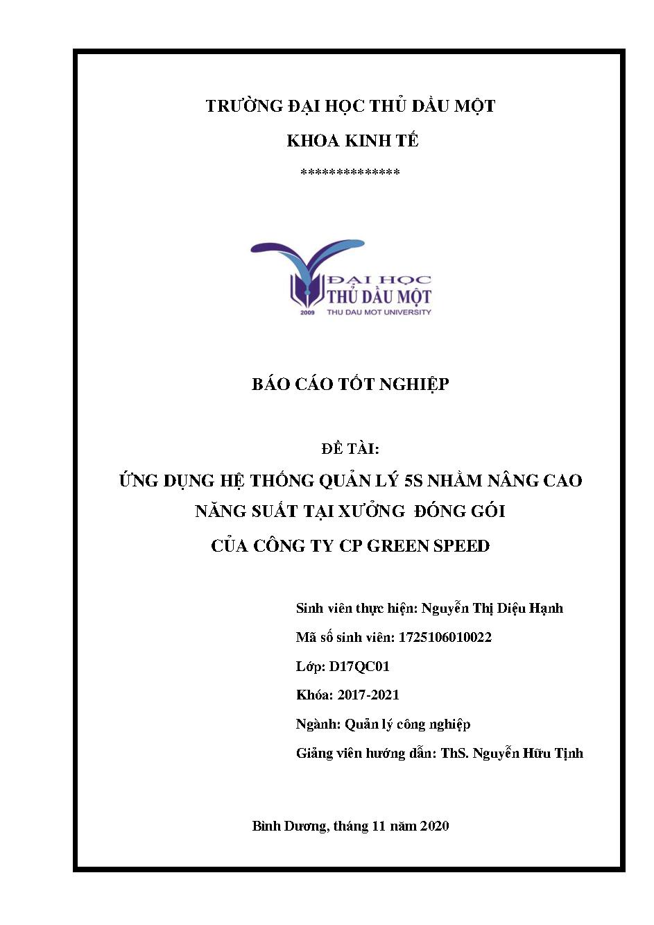 Ứng dụng hệ thống quản lý 5S nhằm nâng cao năng suất tại xưởng đóng gói của Công ty CP Green Speed