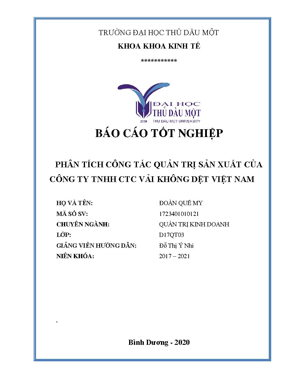 Phân tích công tác quản trị sản xuất của Công ty TNHH CTC vải không dệt Việt Nam