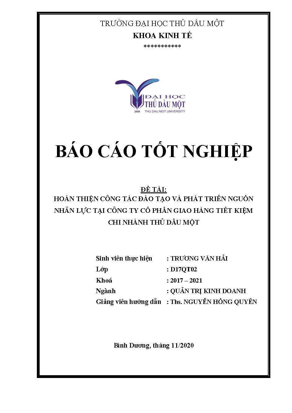 Hoàn thiện công tác đào tạo và phát triển nguồn nhân lực tại Công ty Cổ phần Giao hàng tiết kiệm – Chi nhánh Thủ Dầu Một