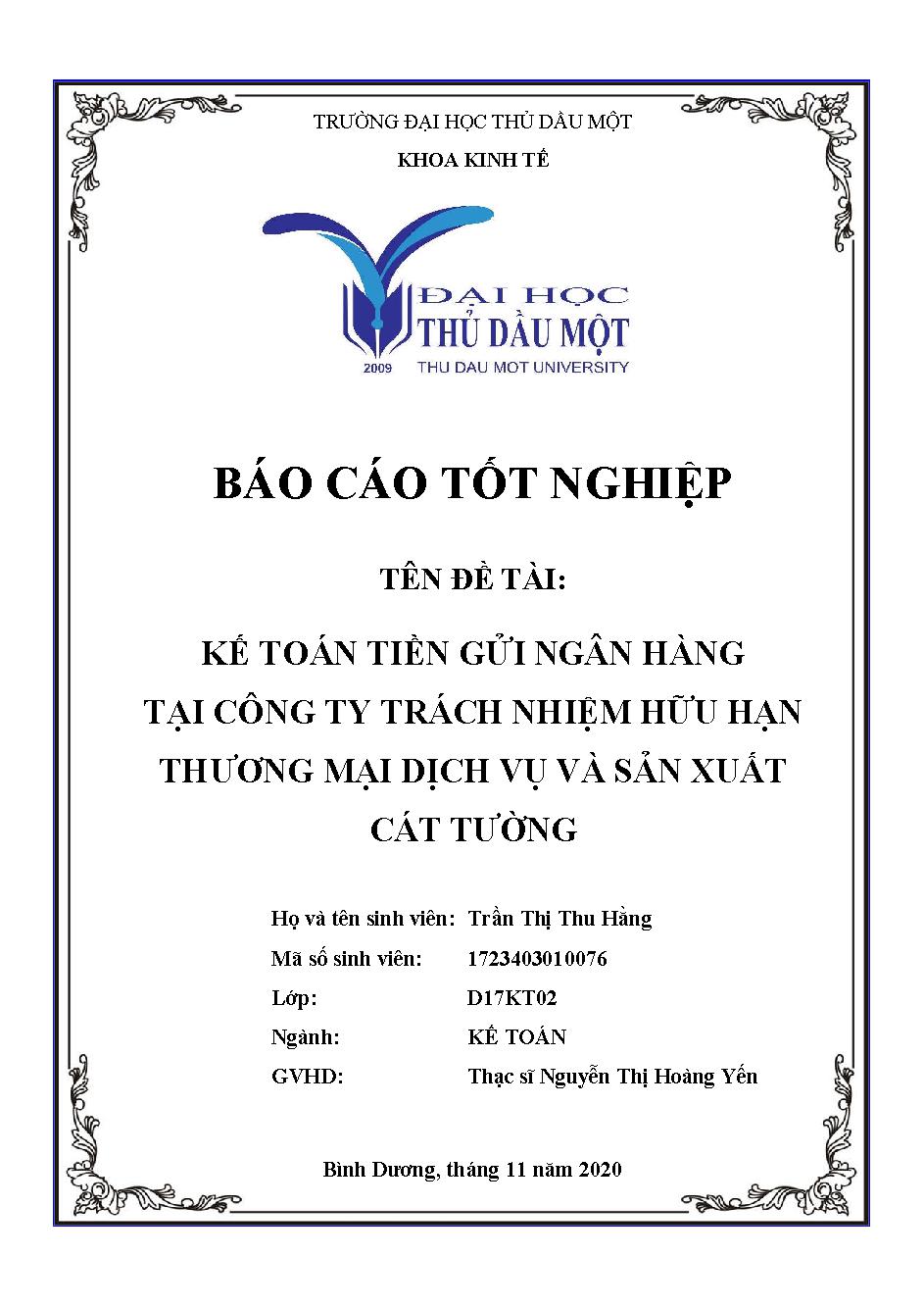 Kế toán tiền gửi ngân hàng tại Công ty TNHH Thương mại Dịch vụ và Sản xuất Cát Tường