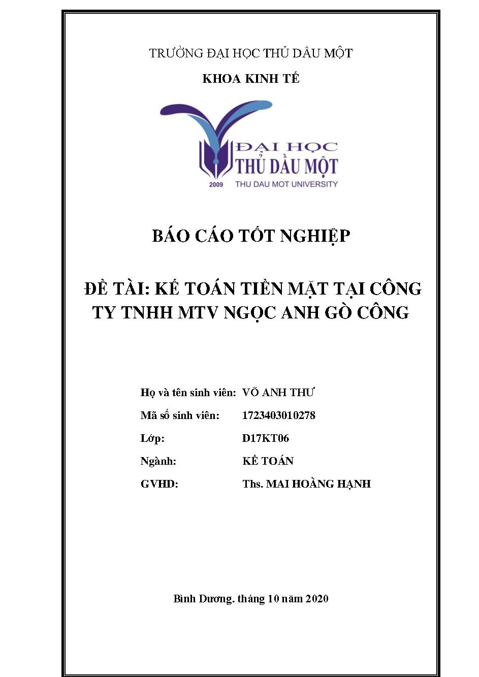 Kế toán tiền mặt tại công ty TNHH MTV Ngọc Anh Gò Công