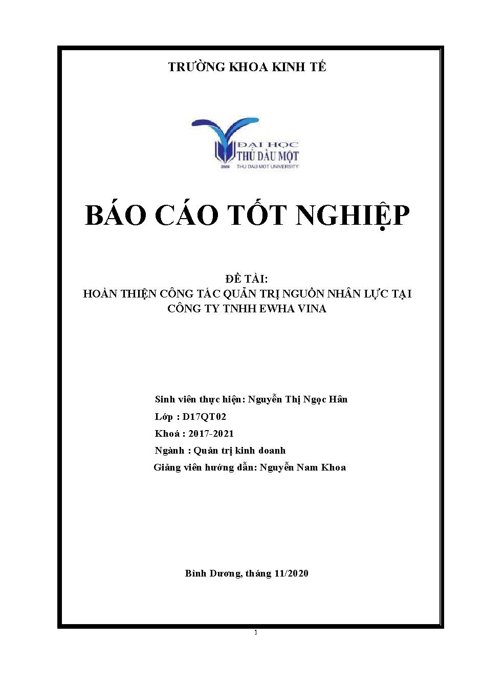 Hoàn thiện công tác quản trị nguồn nhân lực tại công ty TNHH EWHA VINA