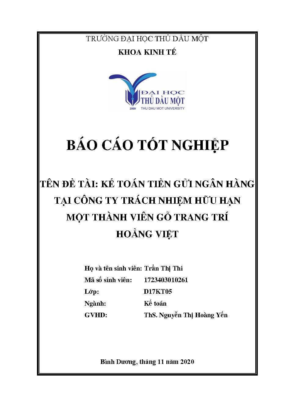 Kế toán tiền gửi ngân hàng tại Công ty trách nhiệm hữu hạn Một thành viên Gỗ trang trí Hoằng Việt