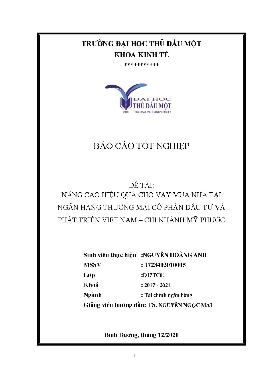 Nâng cao hiệu quả cho vay mua nhà tại ngân hàng Thương mại cổ phần đầu tư và phát triển Việt Nam - Chi nhánh Mỹ Phước