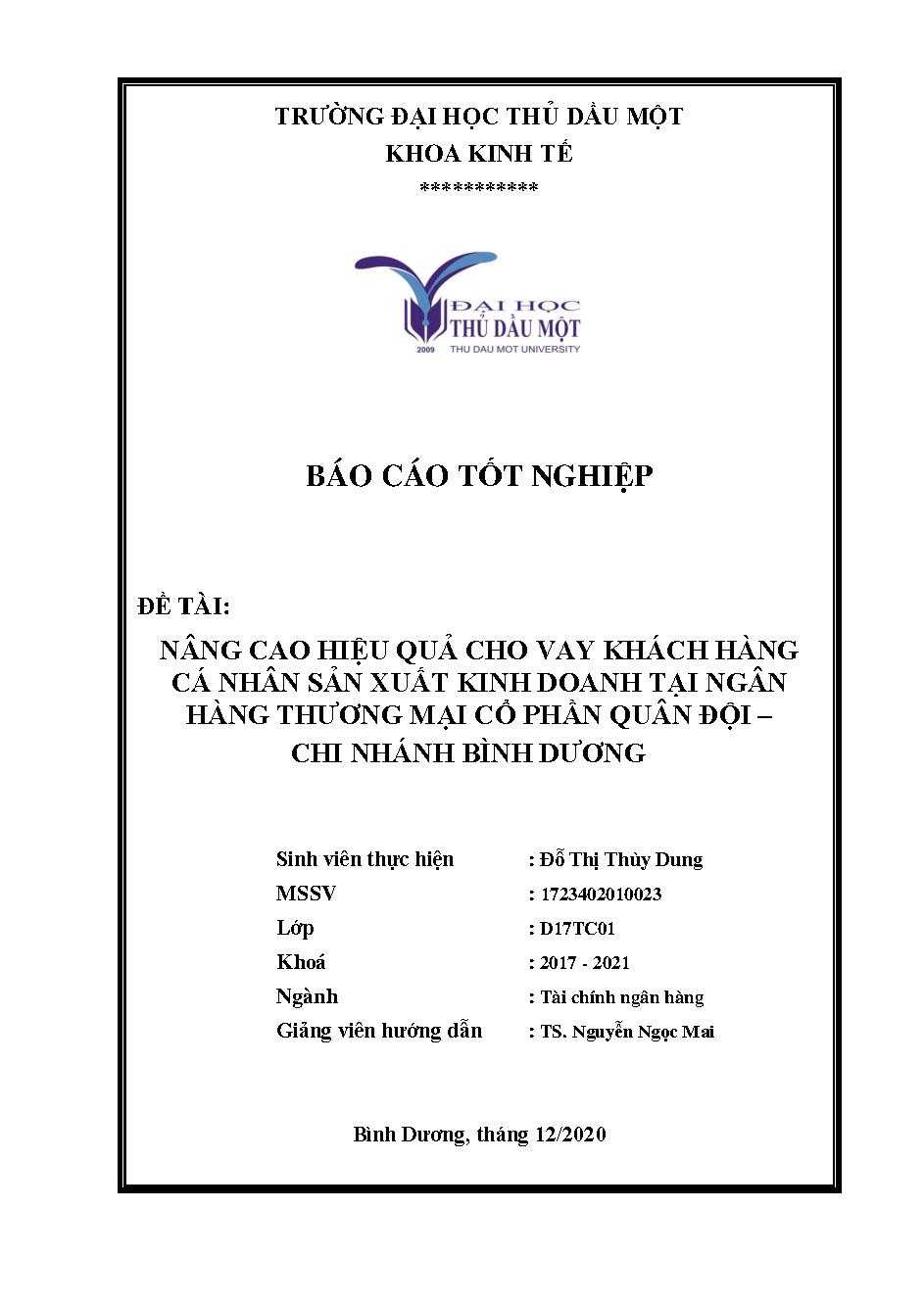 Nâng cao hiệu quả cho vay khách hàng cá nhân sản xuất kinh doanh tại ngân hàng thương mại cổ phần Quân đội - Chi nhánh Bình Dương