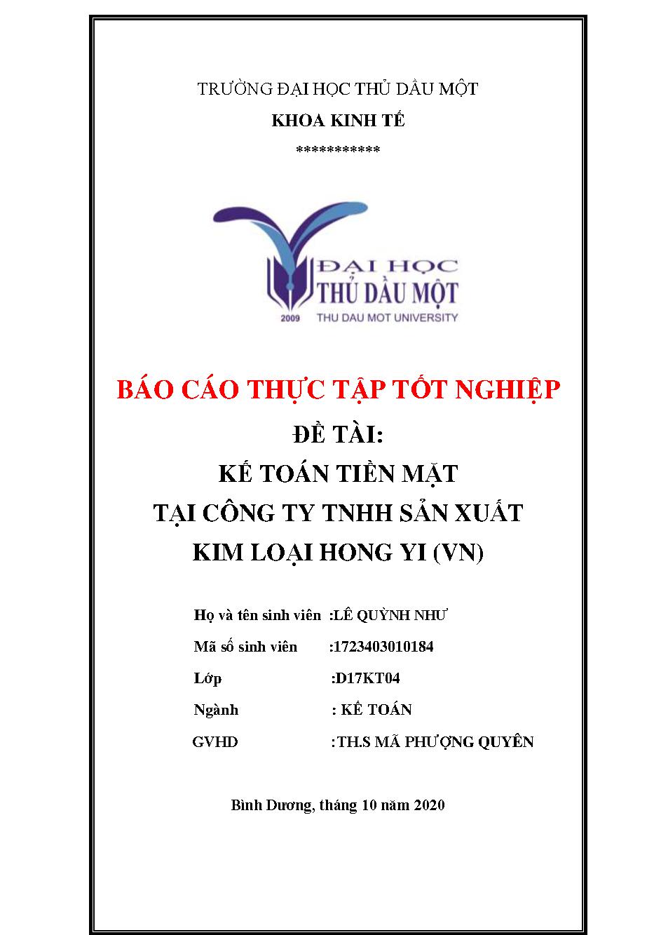 Kế toán tiền mặt tại công ty TNHH sản xuất kim loại Hong Yi (Việt Nam)