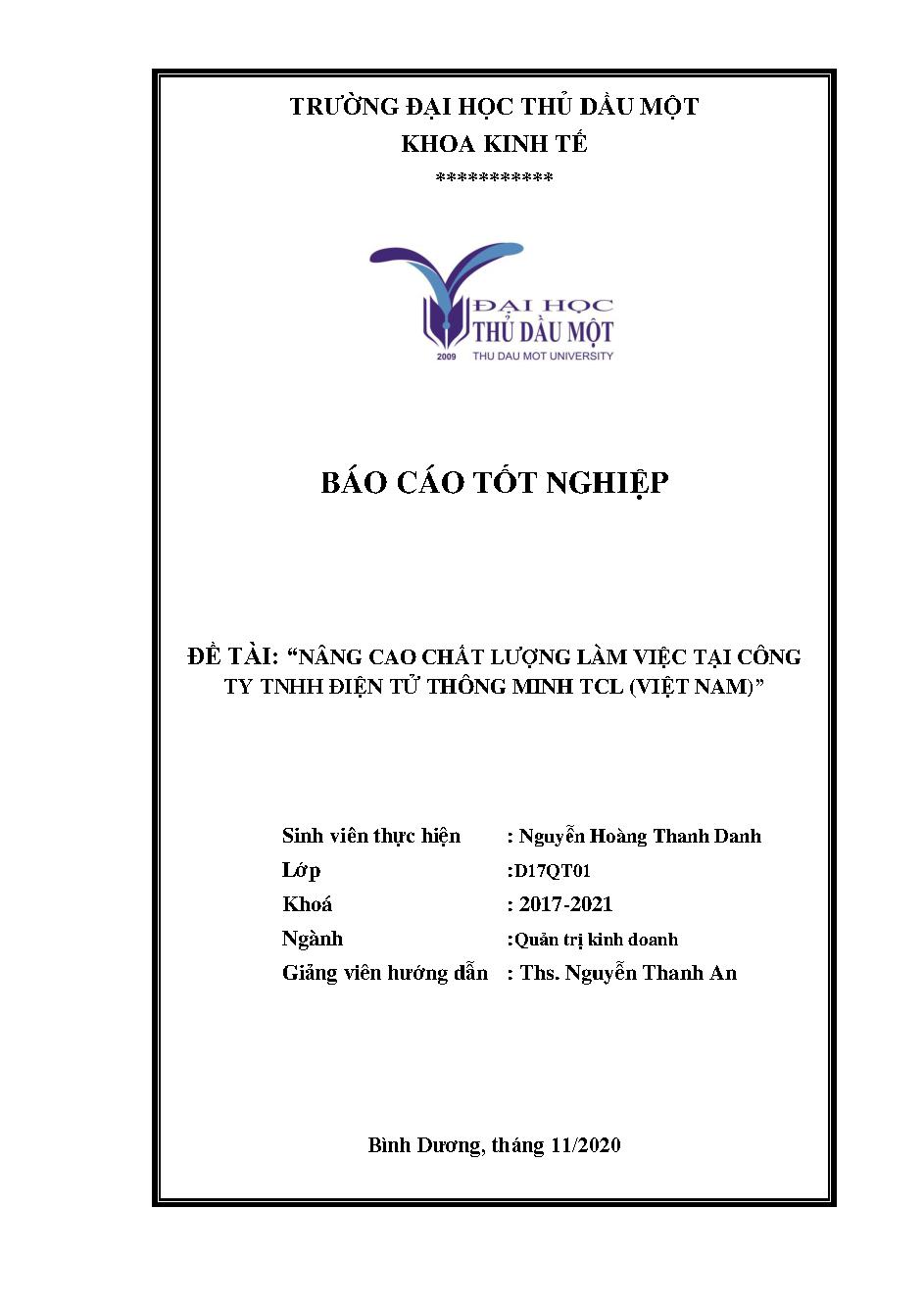 Nâng cao chất lượng làm việc tại công ty TNHH điện tử thông minh TCL (Việt Nam)