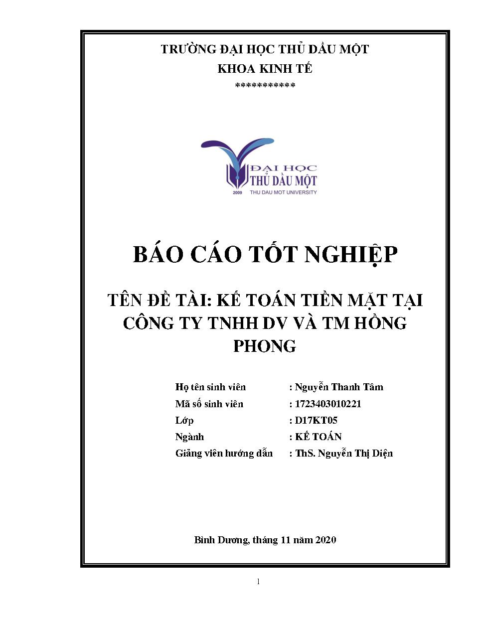 Kế toán tiền mặt tại công ty TNHH DV và TM Hồng Phong