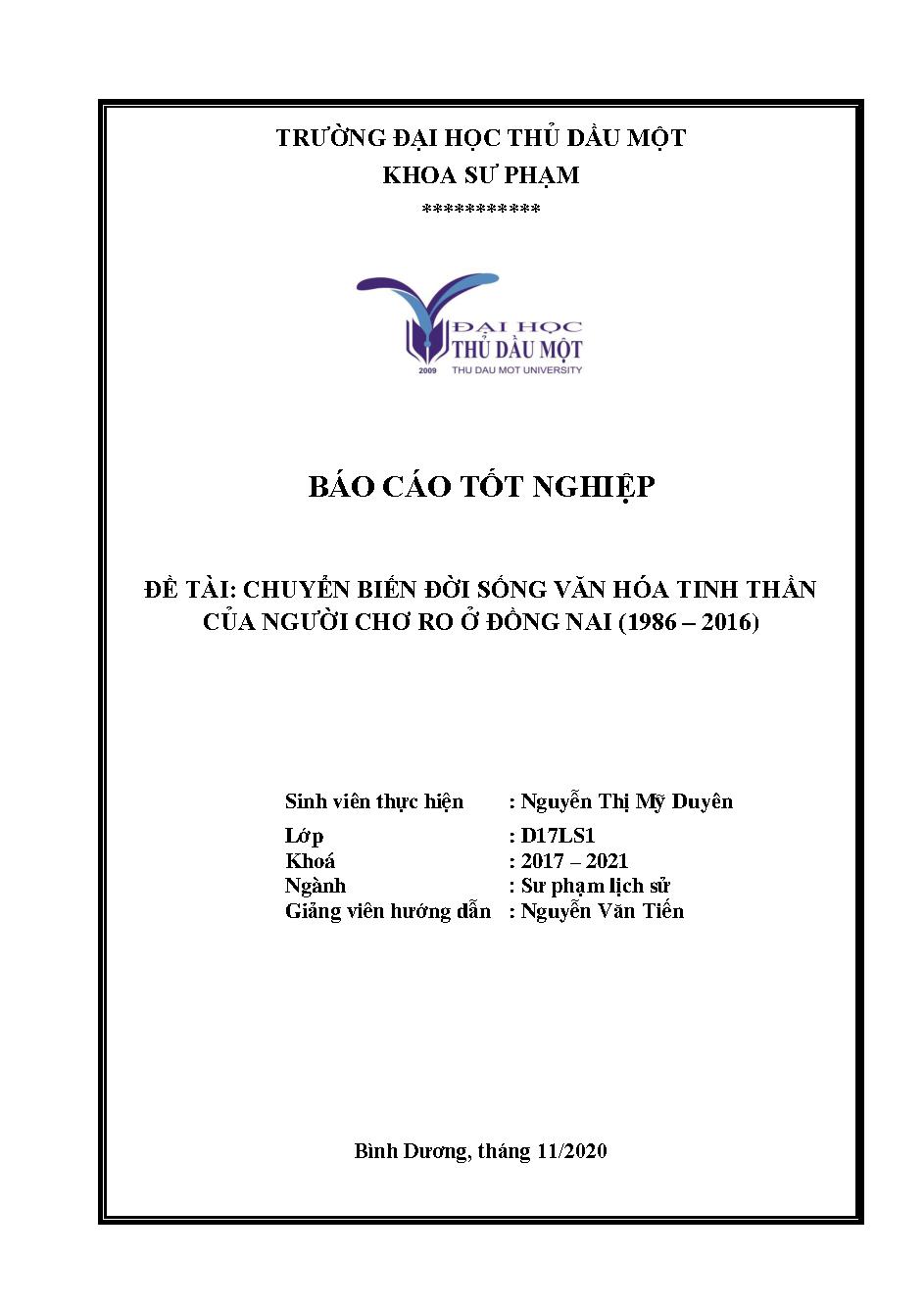 Chuyển biến đời sống văn hóa tinh thần của người Chơ Ro ở Đồng Nai (1986 - 2016)