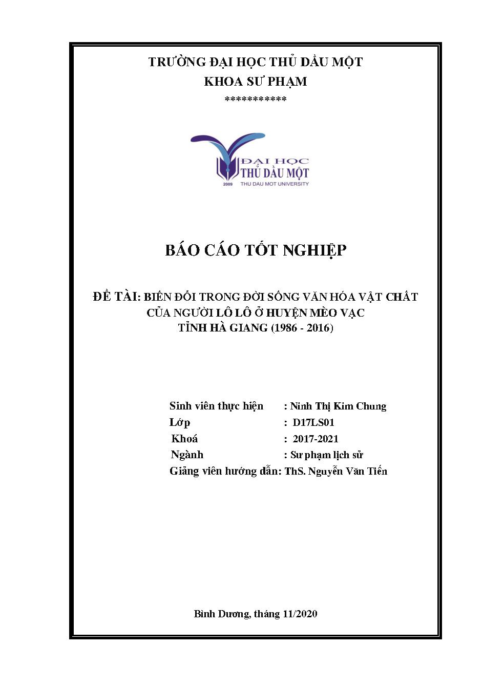 Biến đổi trong đời sống văn hóa vật chất của người Lô Lô ở huyện Mèo Vặc tỉnh Hà Giang (1986 - 2016)