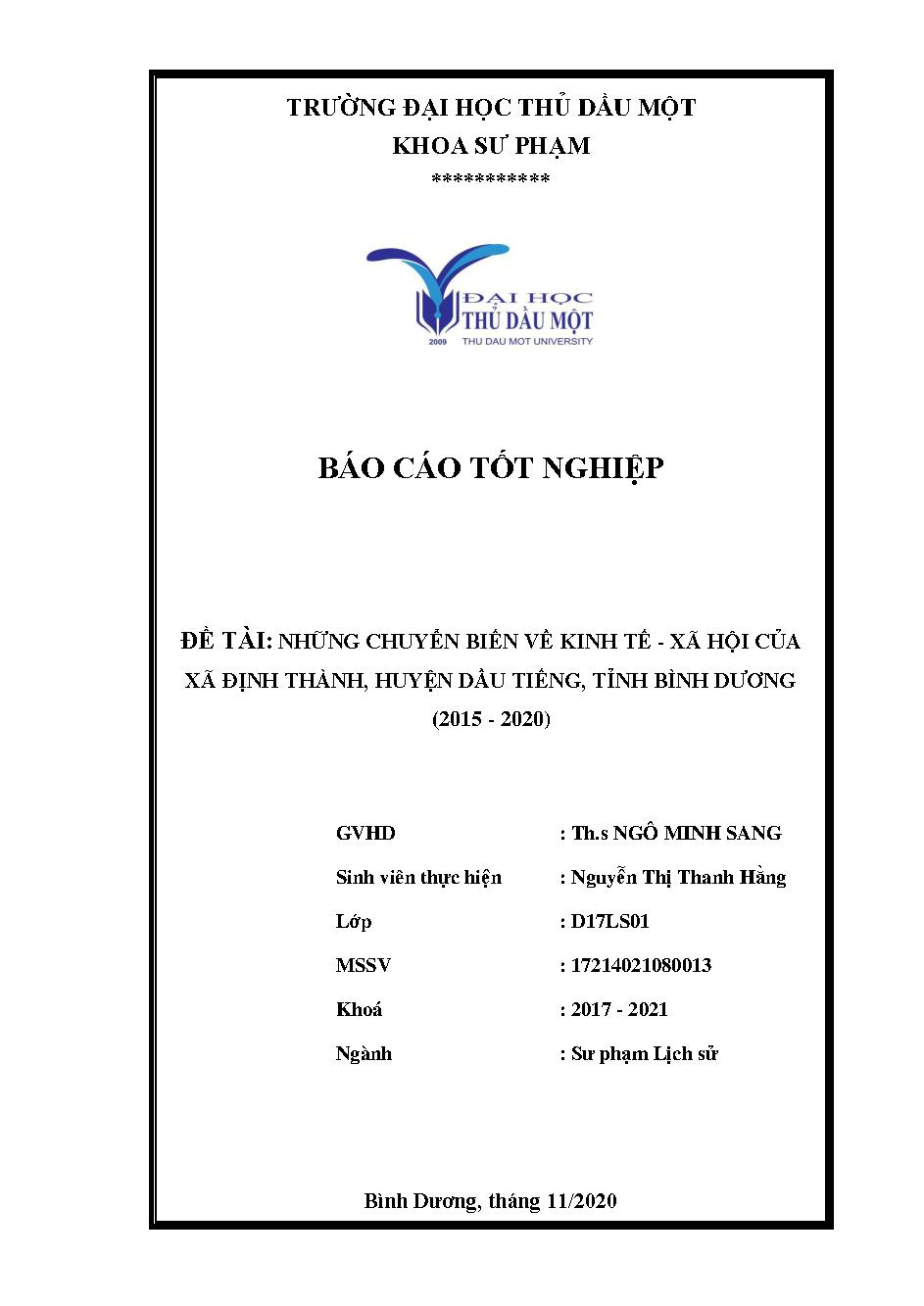 Những chuyển biến về kinh tế - xã hội của xã Định Thành, huyện Dầu Tiếng, tỉnh Bình Dương