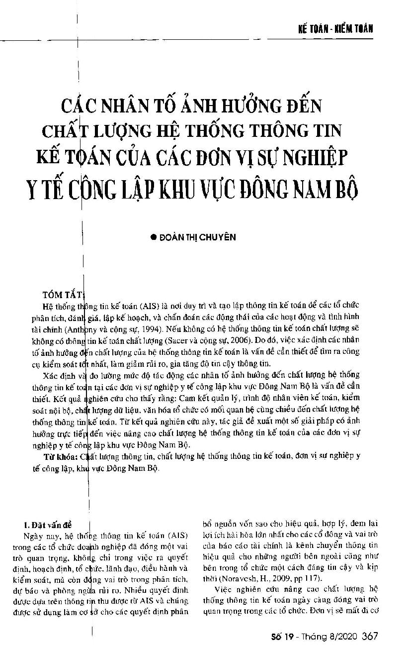 Các nhân tố ảnh hưởng đến chất lượng hệ thống thông tin kế toán của các đơn vị sự nghiệp y tế công lập khu vực Đông Nam Bộ