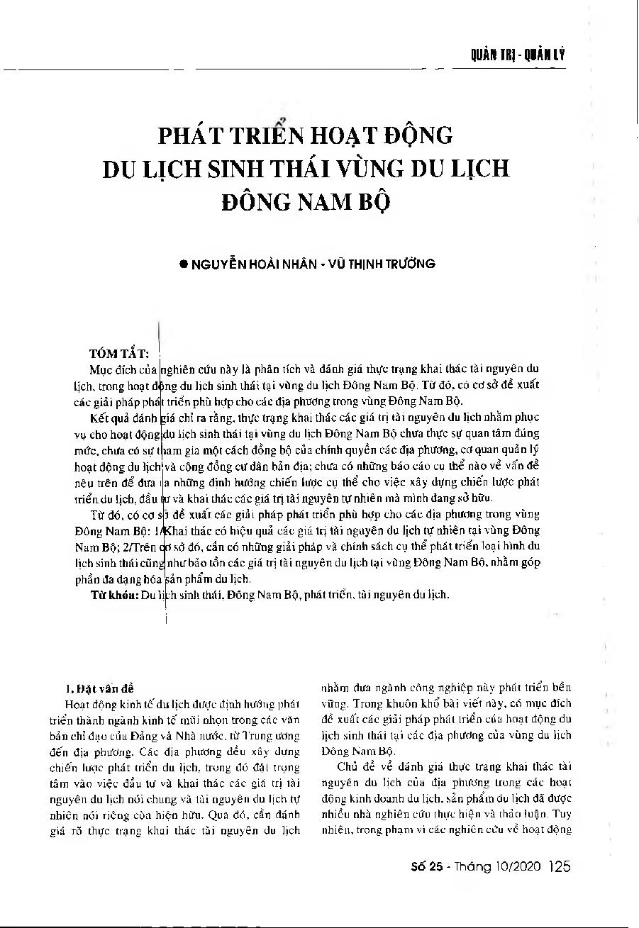 Phát triển hoạt động du lịch sinh thái vùng du lịch Đông Nam Bộ