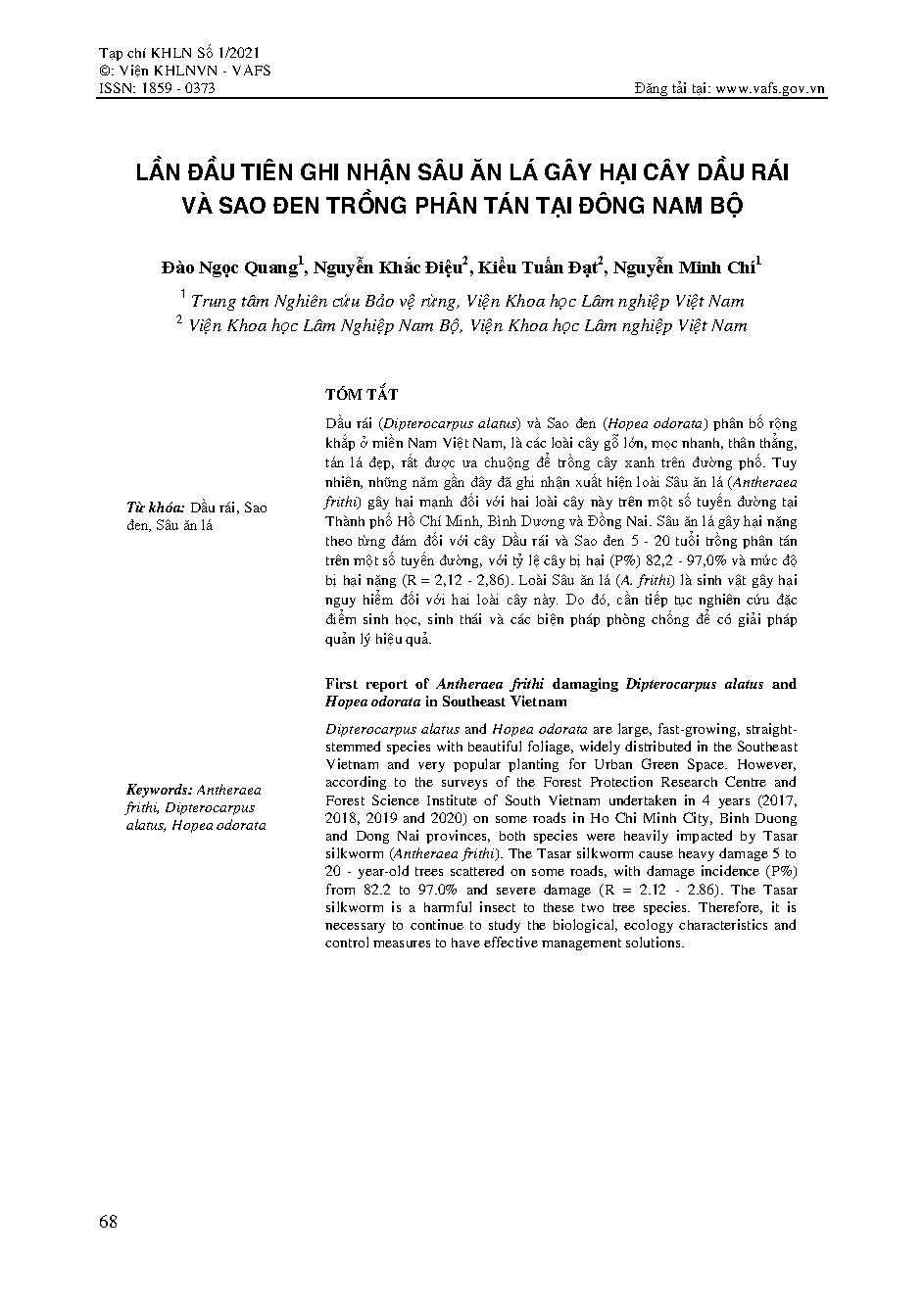 Lần đầu tiên ghi nhận sâu ăn lá gây hại cây dầu rái và sao đen trồng phân tán tại Đông Nam Bộ