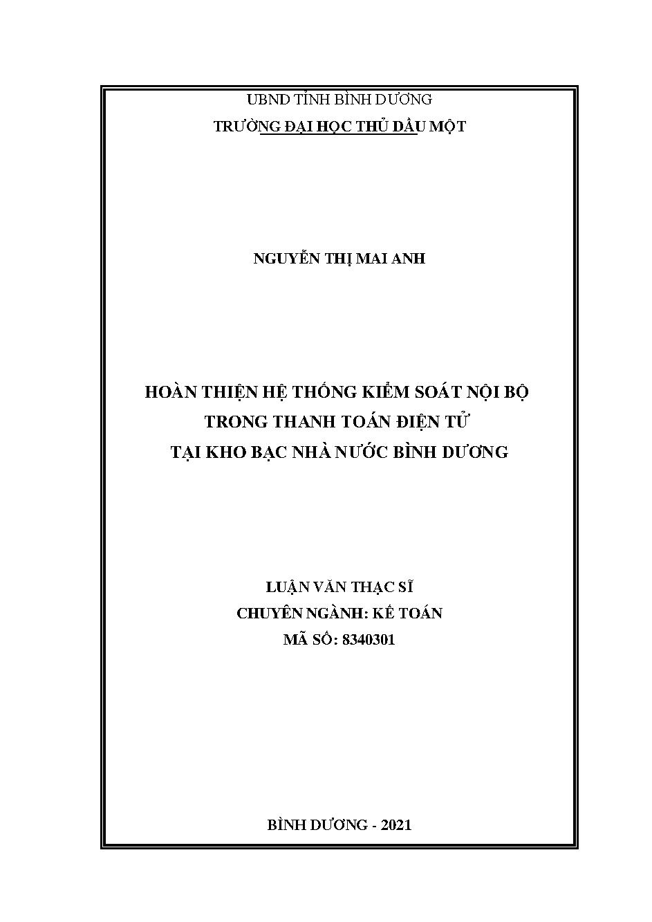 Hoàn thiện hệ thống kiểm soát nội bộ trong thanh toán điện tử tại Kho bạc Nhà nước Bình Dương