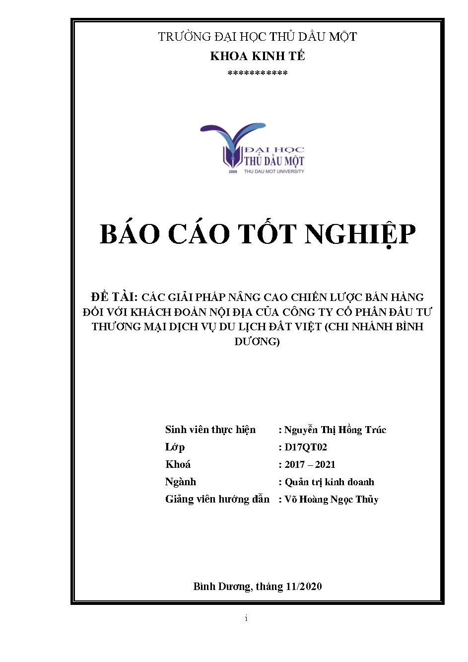 Các giải pháp nâng cao chiến lược bán hàng đối với khách đoàn nội địa của công ty cổ phần đầu tư thương mại dịch vụ du lịch Đất Việt (Chi nhánh Bình Dương)