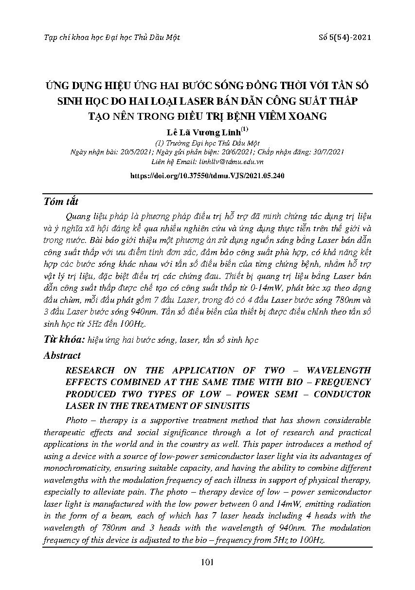 Ứng dụng hiệu ứng hai bước sóng đồng thời với tần số sinh học do hai loại laser bán dẫn công suất thấp tạo nên trong điều trị viêm xoang