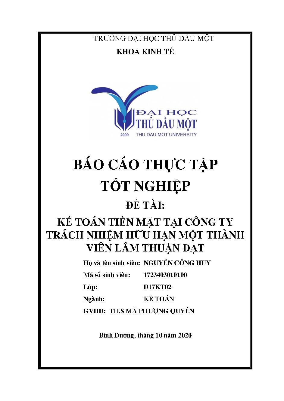 Kế toán tiền mặt tại công ty trách nhiệm hữu hạn một thành viên Lâm Thuận Đạt