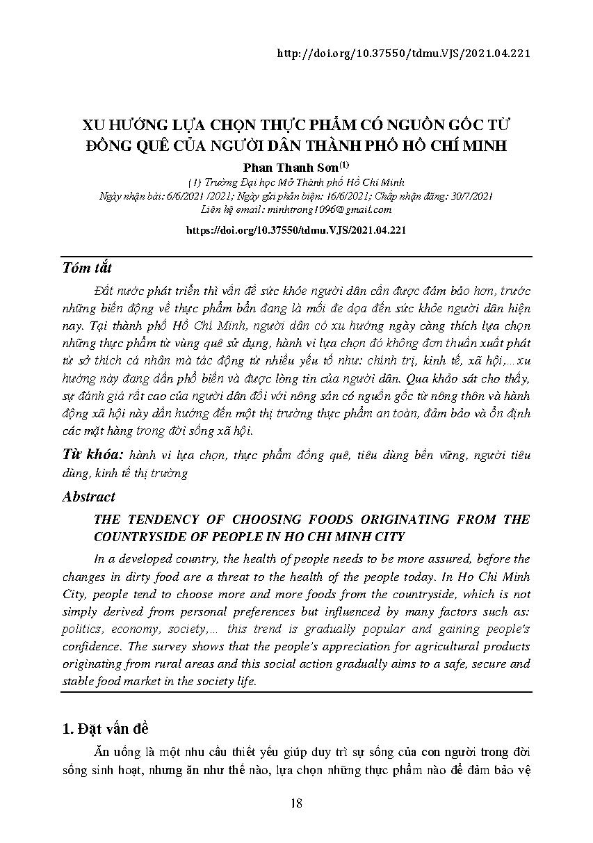 Xu hướng lựa chọn thực phẩm có nguồn gốc từ đồng quê của người dân thành phố Hồ Chí Minh