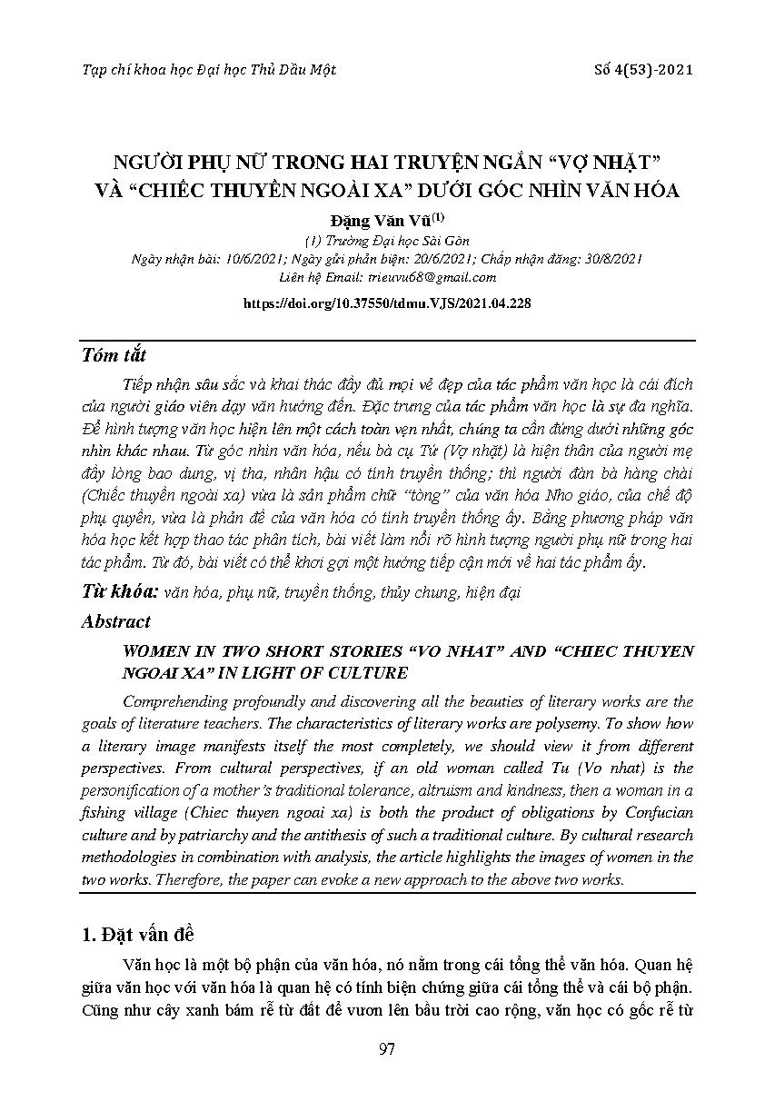 Người phụ nữ trong hai truyện ngắn "vợ nhặt'' và ''chiếc thuyền ngoài xa'' dưới góc nhìn văn hóa