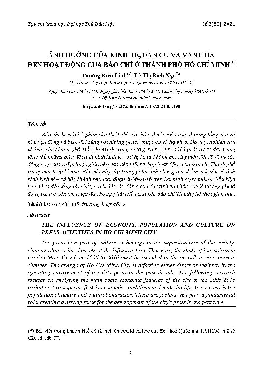 Ảnh hưởng của kinh tế, dân cư và văn hóa đến hoạt động của báo chí ở thành phố Hồ Chí Minh