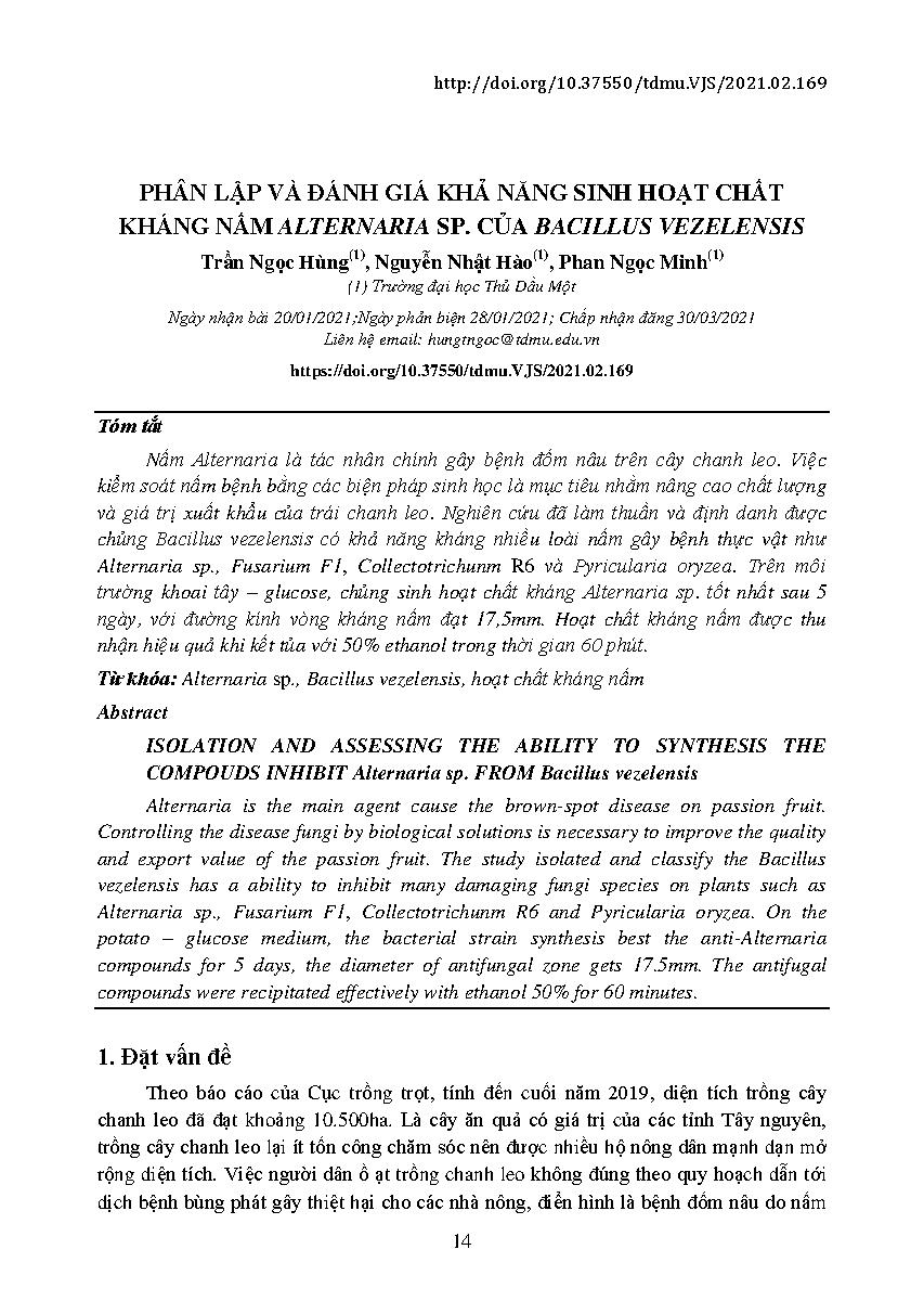 Phân lập và đánh giá khả năng sinh hoạt chất kháng nấm alternaria sp. của bacillus vezelensis