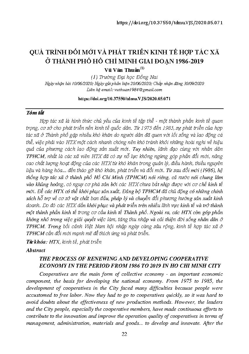 Quá trình đổi mới và phát triển kinh tế hợp tác xã ở thành phố Hồ Chí Minh giai đoạn 1986-2019