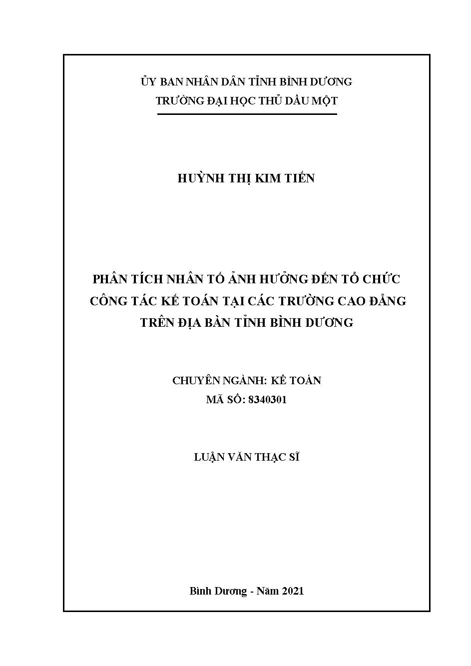 Phân tích nhân tố ảnh hưởng đến tổ chức công tác kế toán tại các trường Cao Đẳng trên địa bàn tỉnh Bình Dương