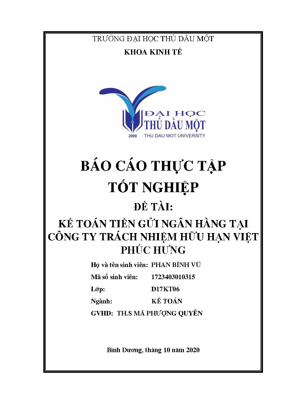 Kế toán tiền gửi ngân hàng tại công ty trách nhiệm hữu hạn Việt Phúc Hưng