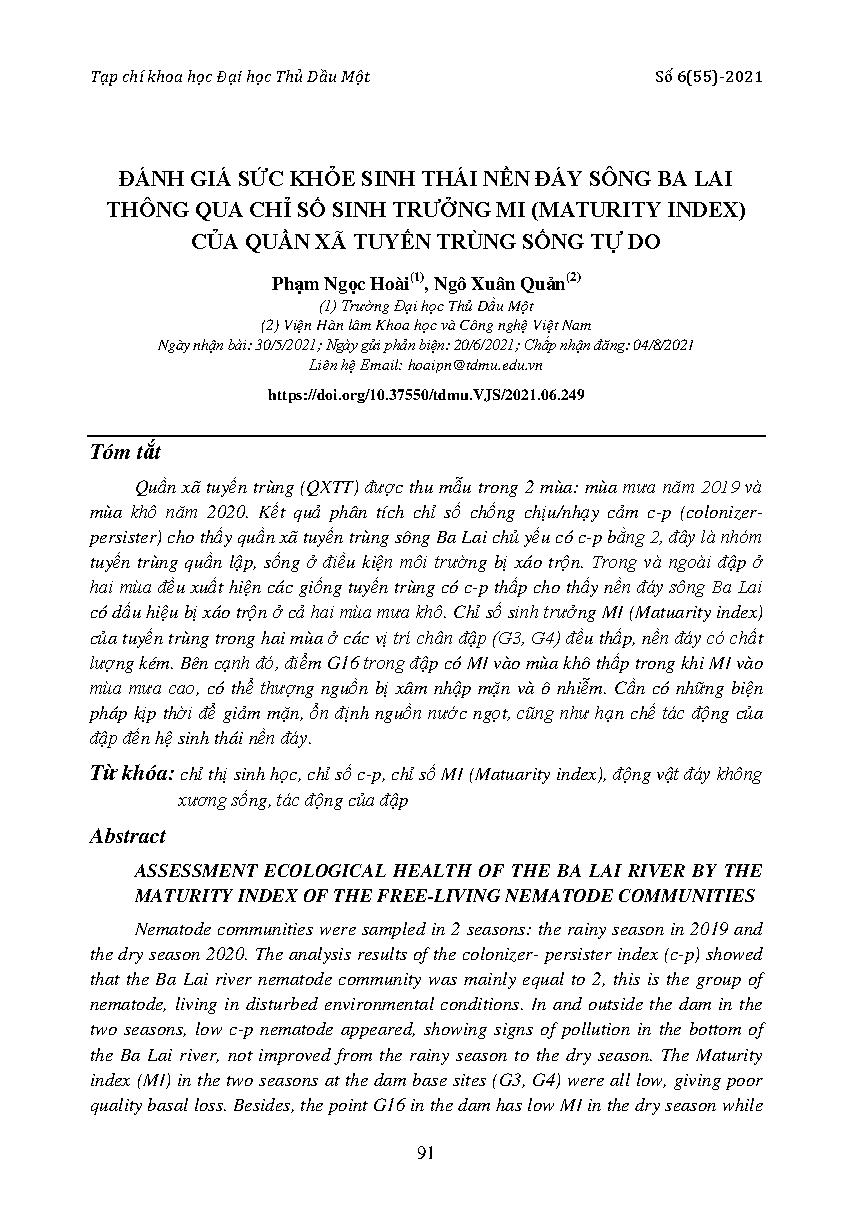 Đánh giá sức khỏe sinh thái nền đáy sông Ba Lai thông qua chỉ số sinh trưởng MI (maturity index) của quần xã tuyến trùng sống tự do