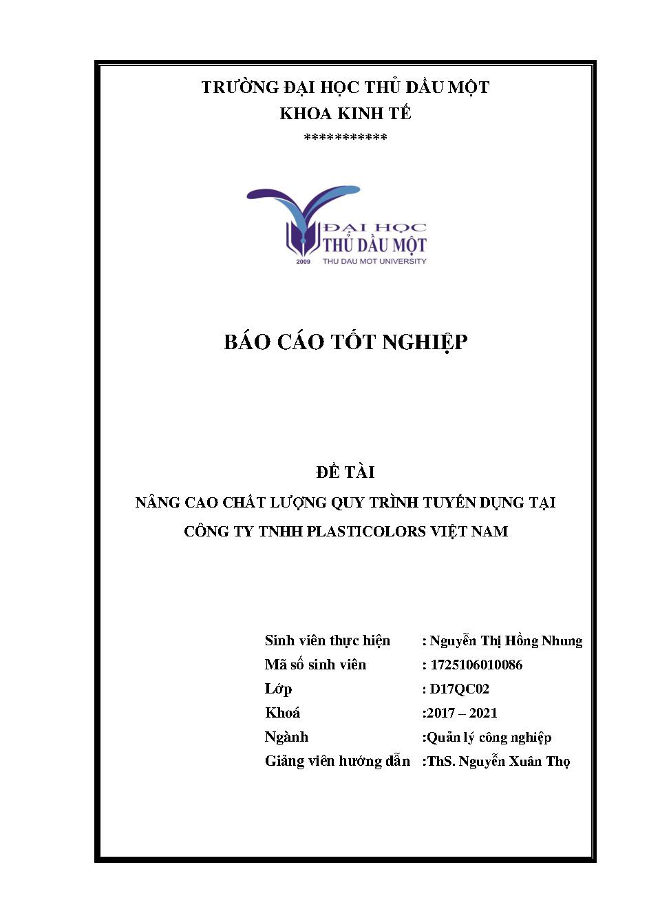 Nâng cao chất lượng quy trình tuyển dụng nhân sự tại công ty TNHH Plasticolors Việt Nam