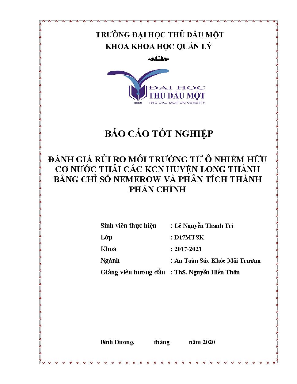 Đánh giá rủi ro môi trường từ ô nhiễm hữu cơ nước thải các khu công nghiệp huyện Long Thành bằng chỉ số NEMEROW và phân tích thành phần chính