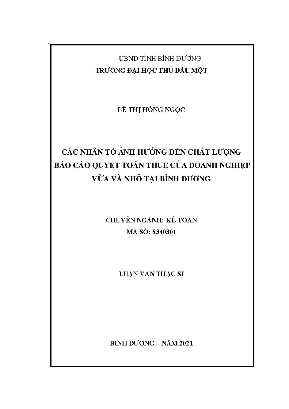 Các nhân tố ảnh hưởng đến chất lượng báo cáo quyết toán thuế của doanh nghiệp vừa và nhỏ tại Bình Dương