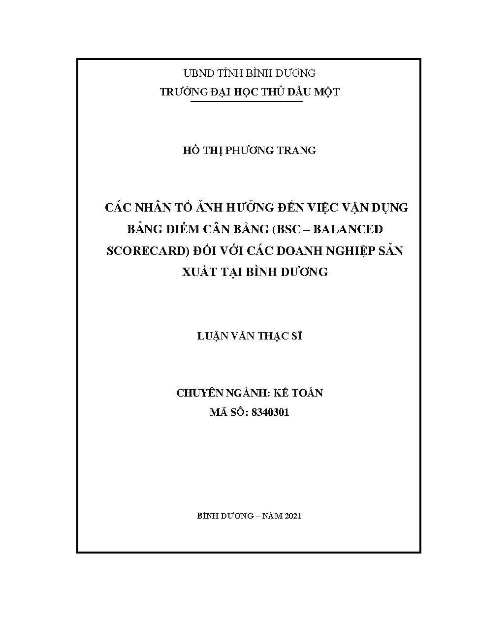 Các nhân tố ảnh hưởng đến việc vận dụng bảng điểm cân bằng (BSC - Balanced Scorecard) đối với các doanh nghiệp sản xuất tại Bình Dương