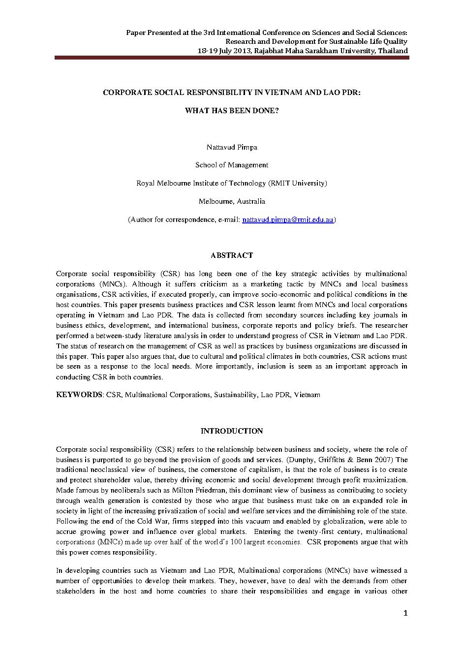 Corporate social responsibility in vietnam and lao pdr: What has been done?