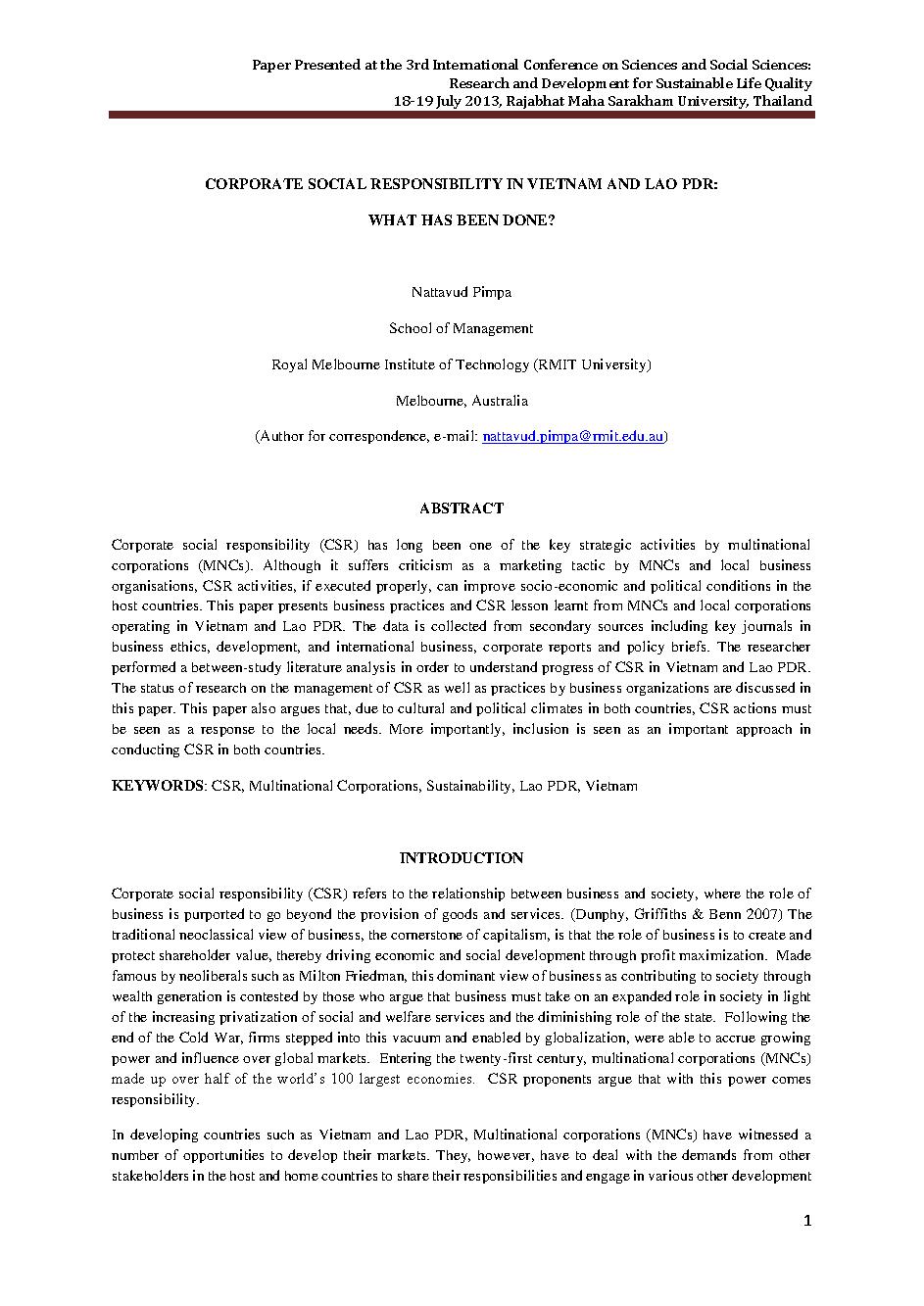 Corporate social responsibility in vietnam and lao pdr: What has been done?