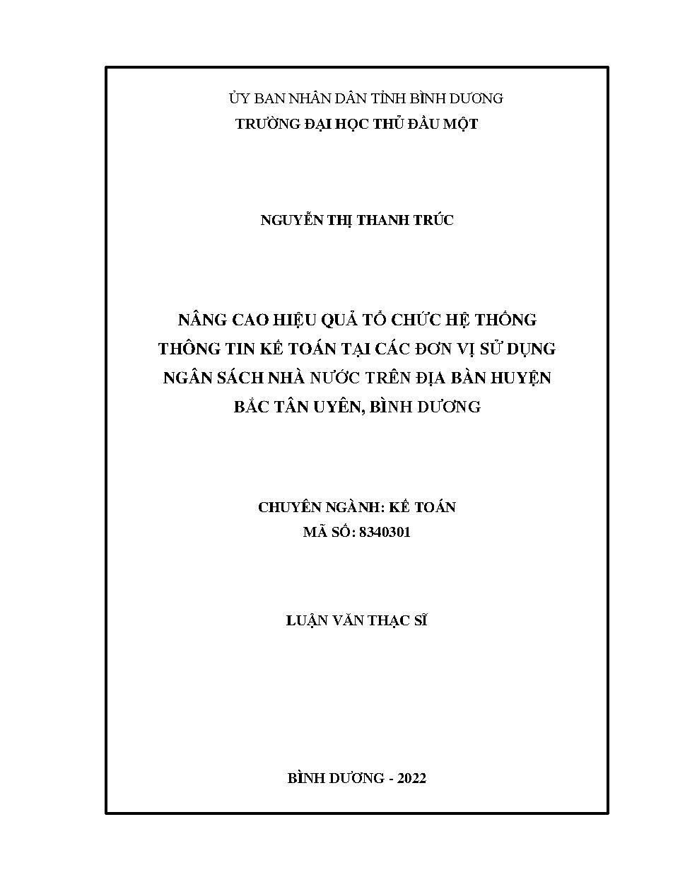 Nâng cao hiệu quả tổ chức hệ thống thông tin kế toán tại các đơn vị sử dụng ngân sách nhà nước trên địa bàn tỉnh Bình Dương