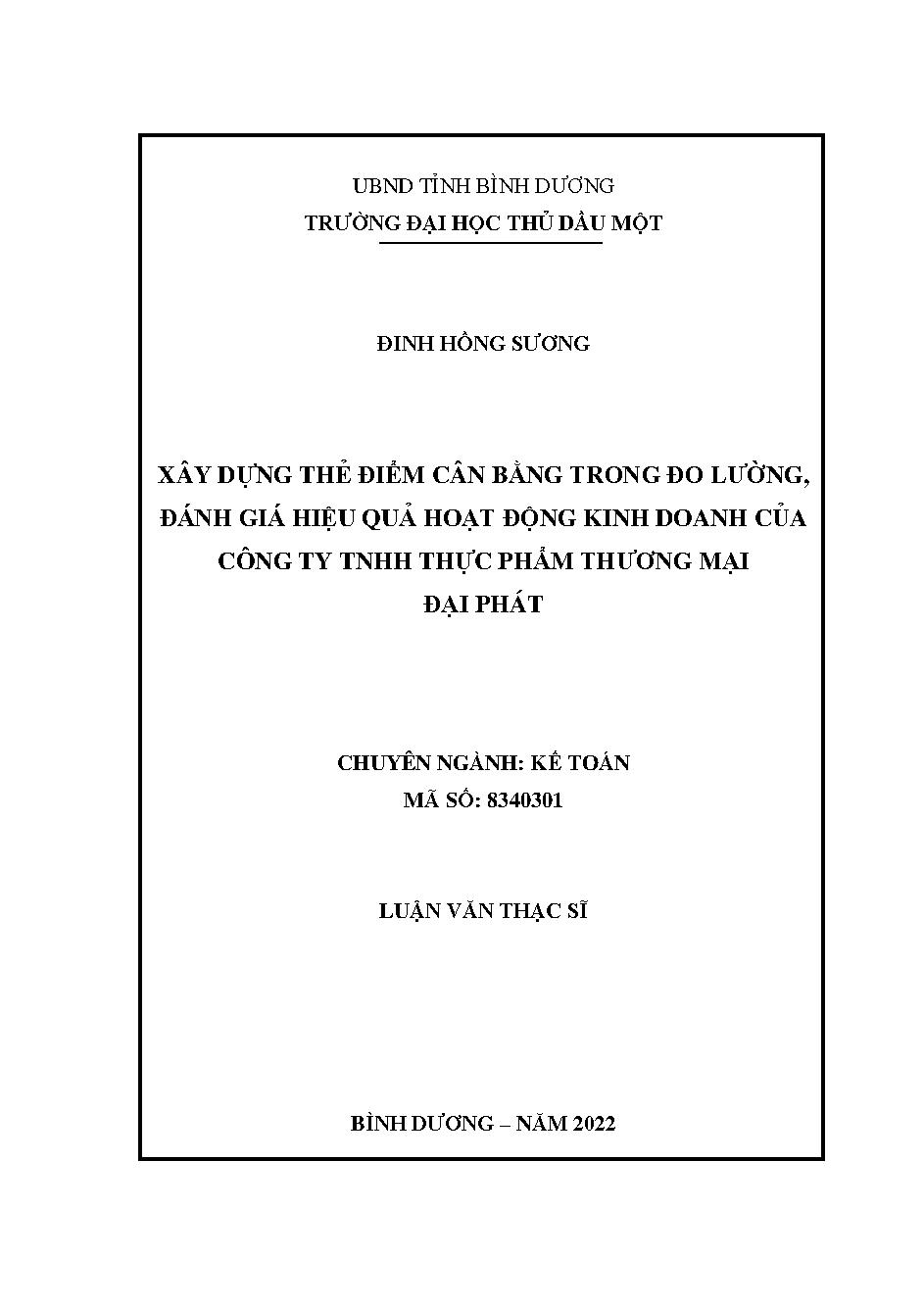 Xây dựng thẻ điểm cân bằng trong đo lường, đánh giá hiệu quả hoạt động kinh doanh của Công ty TNHH Thực phẩm thương mại Đại Phát