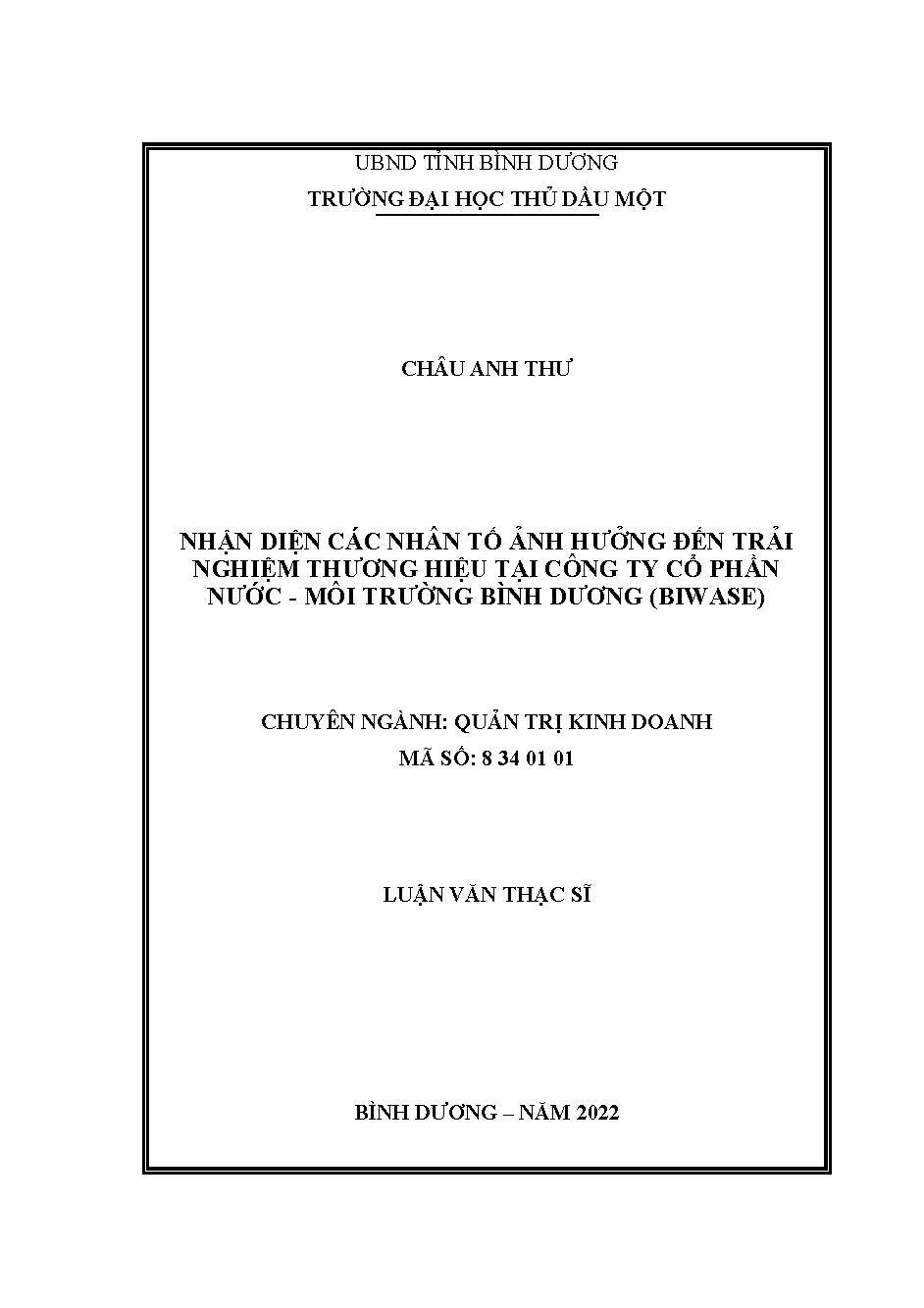 Nhận diện các nhân tố ảnh hưởng đến trải nghiệm thương hiệu tại Công ty cổ phần Nước - Môi trường Bình Dương (Biwase)