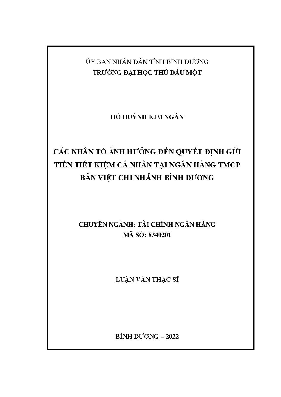 Các nhân tố ảnh hưởng đến quyết định gửi tiền tiết kiệm cá nhân tại ngân hàng TMCP Bản Việt chi nhánh việt Nam