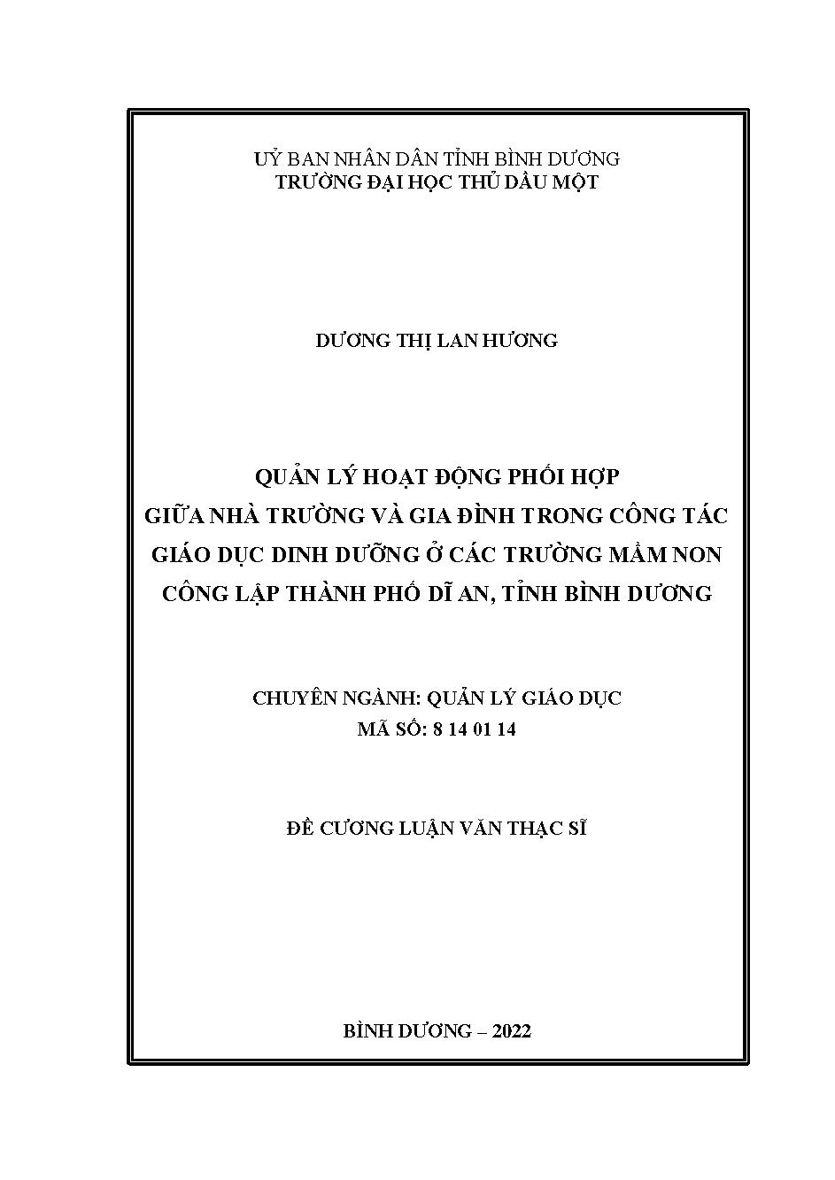 Quản lý hoạt động phối hợp giữa Nhà trường và gia đình trong công tác giáo dục dinh dưỡng ở các trường mầm non công lập thành phố Dĩ An, tỉnh Bình Dương