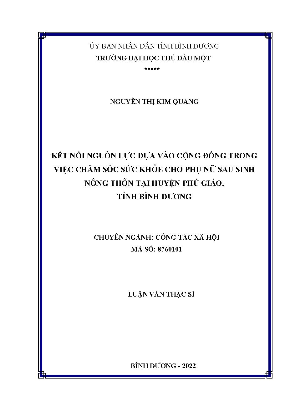 Kết nối nguồn lực dựa vào cộng đồng trong việc chăm sóc sức khỏe cho phụ nữ sau sinh nông thôn tại huyện Phú Giáo, tỉnh Bình Dương