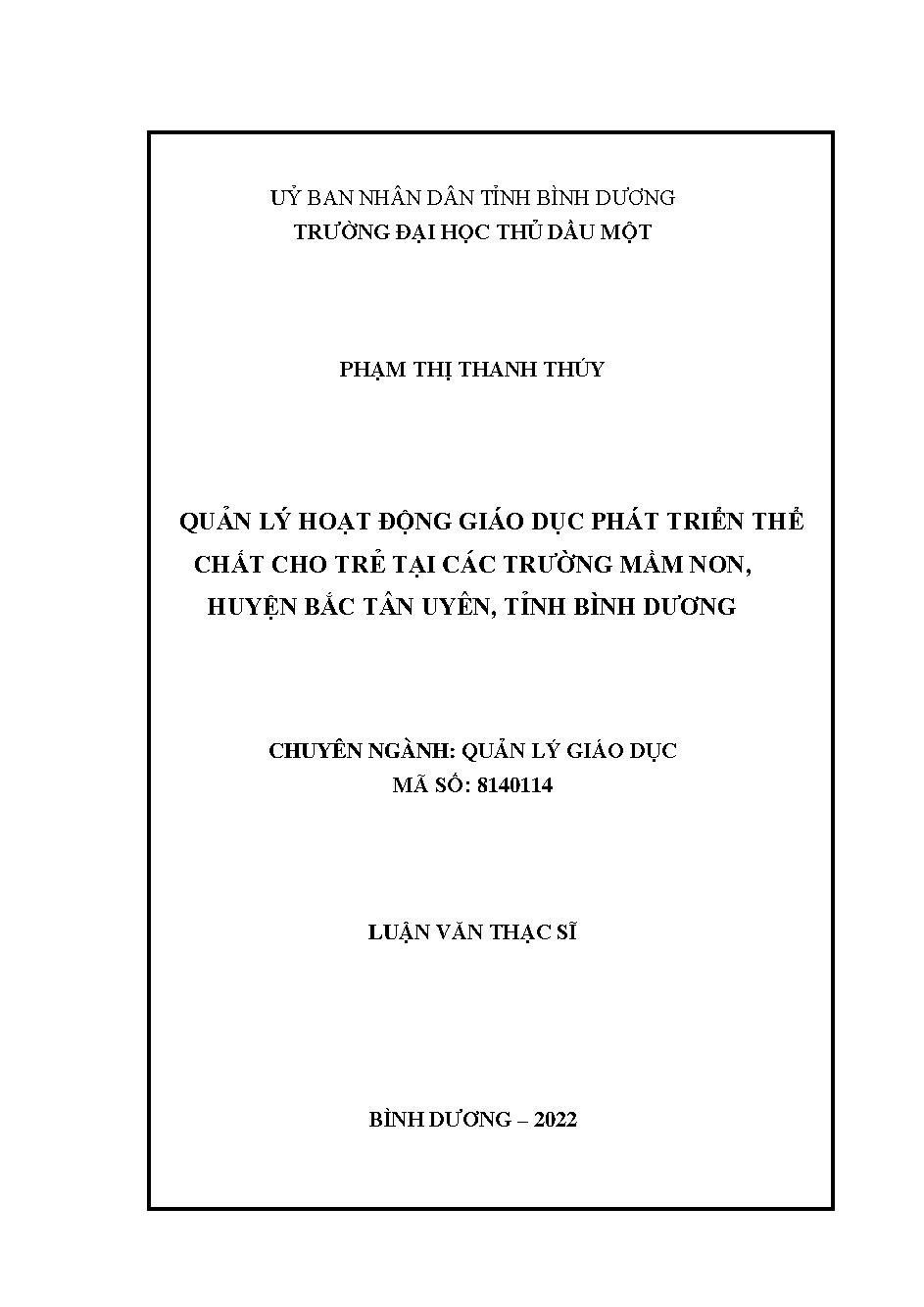 Quản lý hoạt động giáo dục phát triển thể chất cho trẻ tại các trường mầm non huyện Bắc Tân Uyên, tỉnh Bình Dương